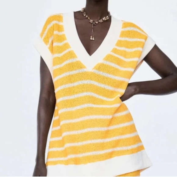 NWT Zara yellow and white striped open knit preppy vest lagenlook oversized SM - Picture 1 of 9
